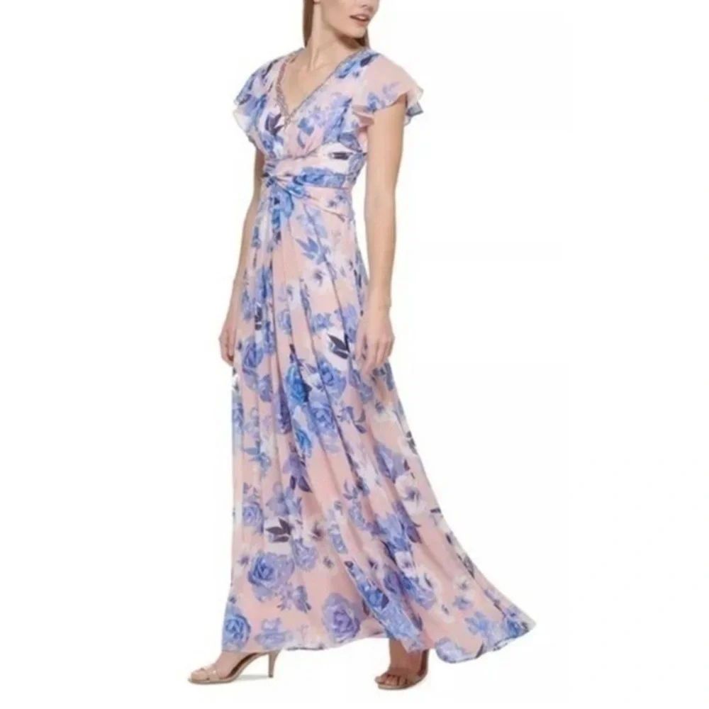 ELIZA J Floral Print Embellished V Neck Flutter Sleeve Gown in Pink Blush - Picture 3 of 7